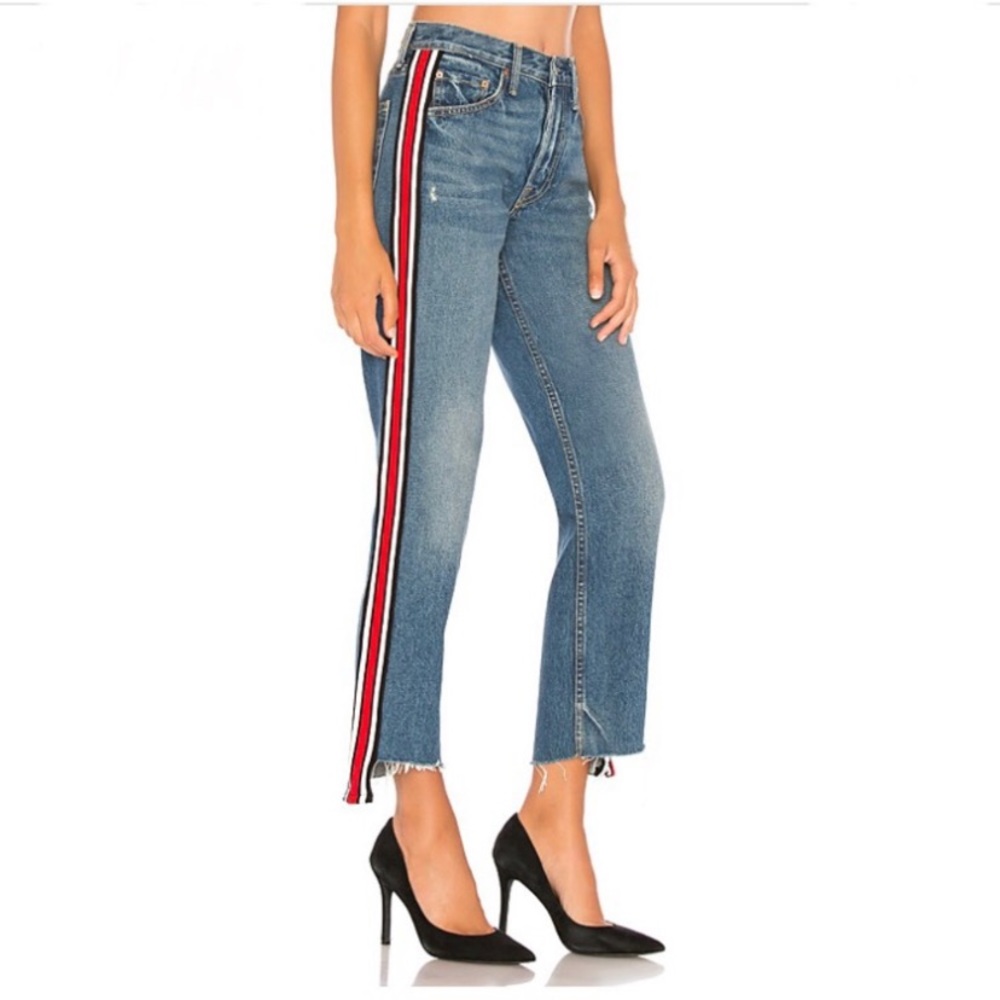 Revolve GRLFRND Helena Red Striped Step Hem Jeans